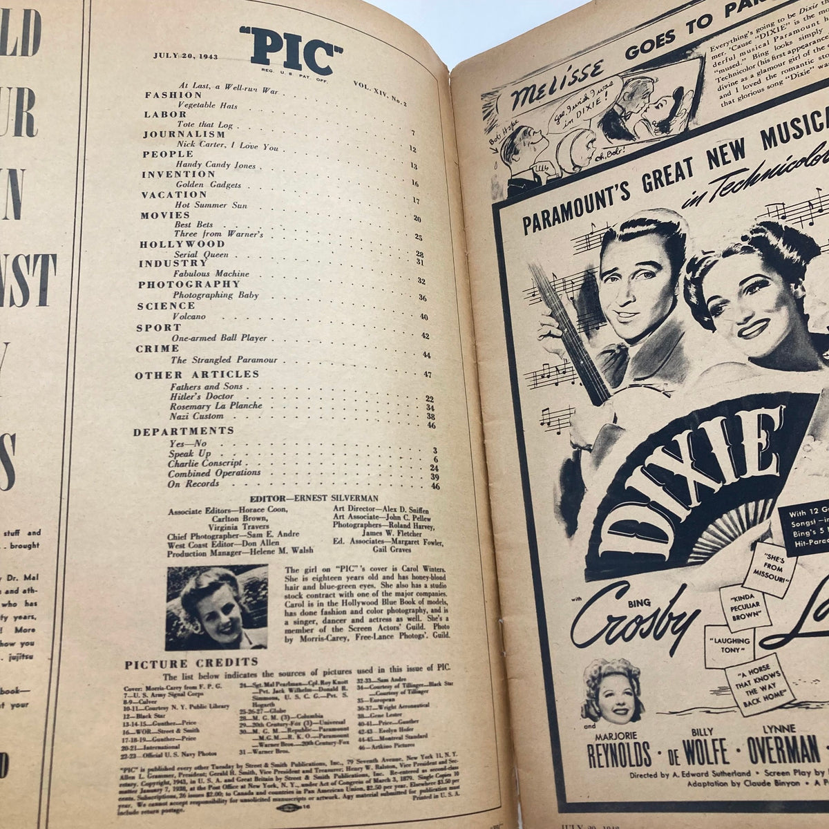 Inside page of VTG "Pic" Magazine, July 20, 1943, displaying the table of contents and advertisements, reflecting the culture and media of the 1940s.