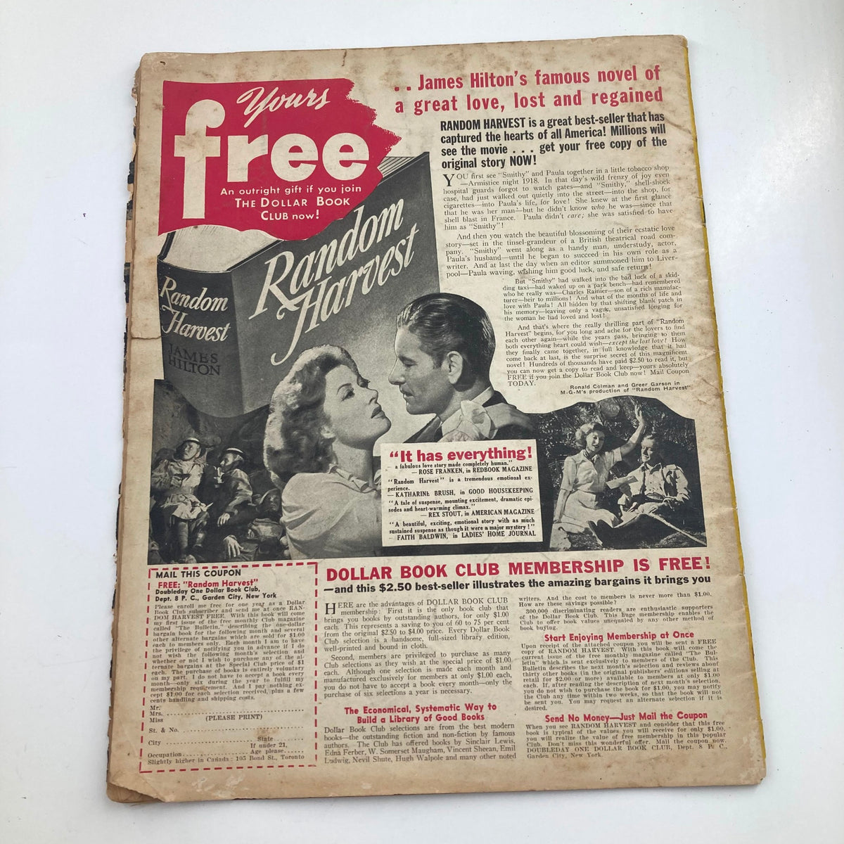 Back cover of VTG "Pic" Magazine from July 20, 1943, promoting the book 'Random Harvest' along with ad text, illustrating vintage marketing from the period.