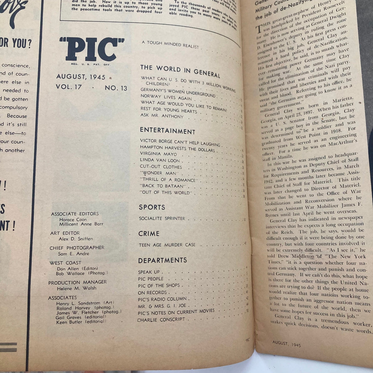 Interior page of the Vintage 'Pic' Magazine August 1945, Vol 17 No. 13, displaying the table of contents, with sections on entertainment and world issues.