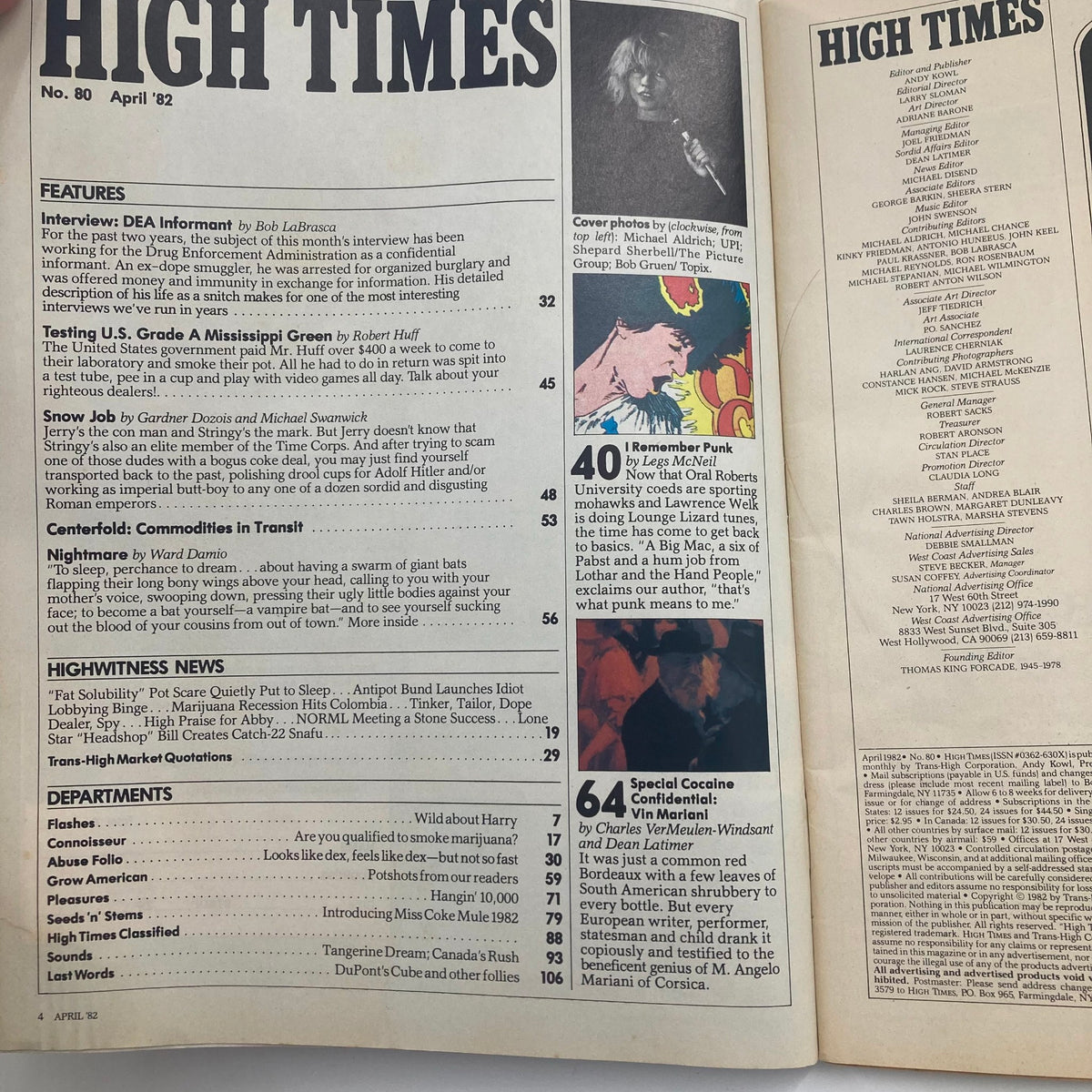 Inside page of VTG High Times Magazine April 1982 #80 featuring articles on DEA informants, cannabis culture, and Cocaine Wine. The layout shows diverse sections including features, departments, and advertisements, providing a glimpse into the editorial style and themes of the 1980s.