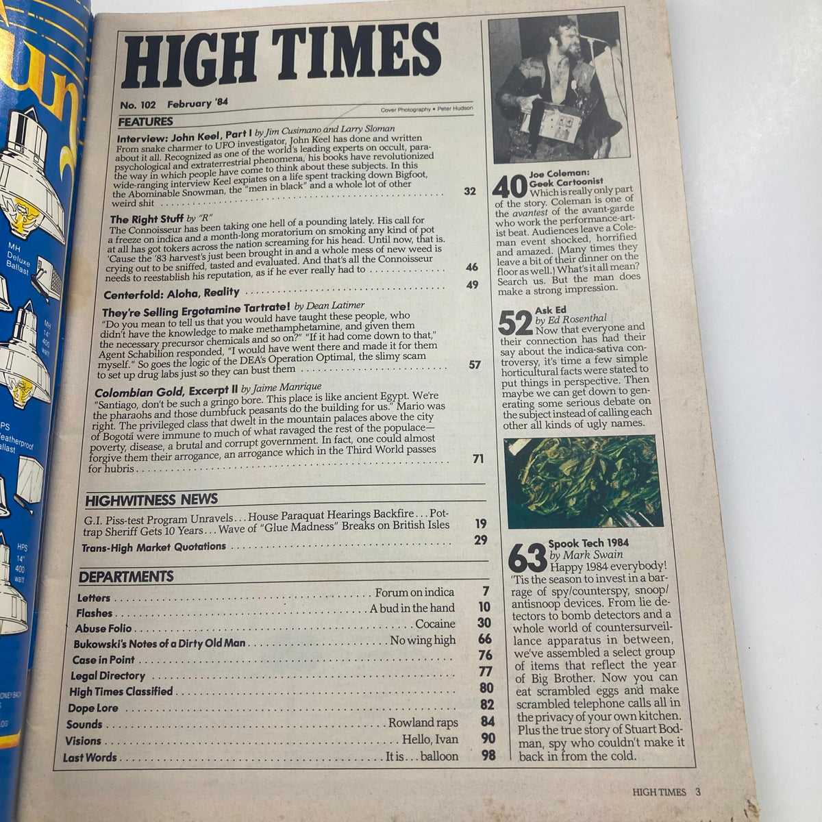 Inside page of VTG High Times Magazine February 1984 #102 displaying the contents and articles including 'Colombian Gold Excerpt II' and insights on cannabis cultivation.