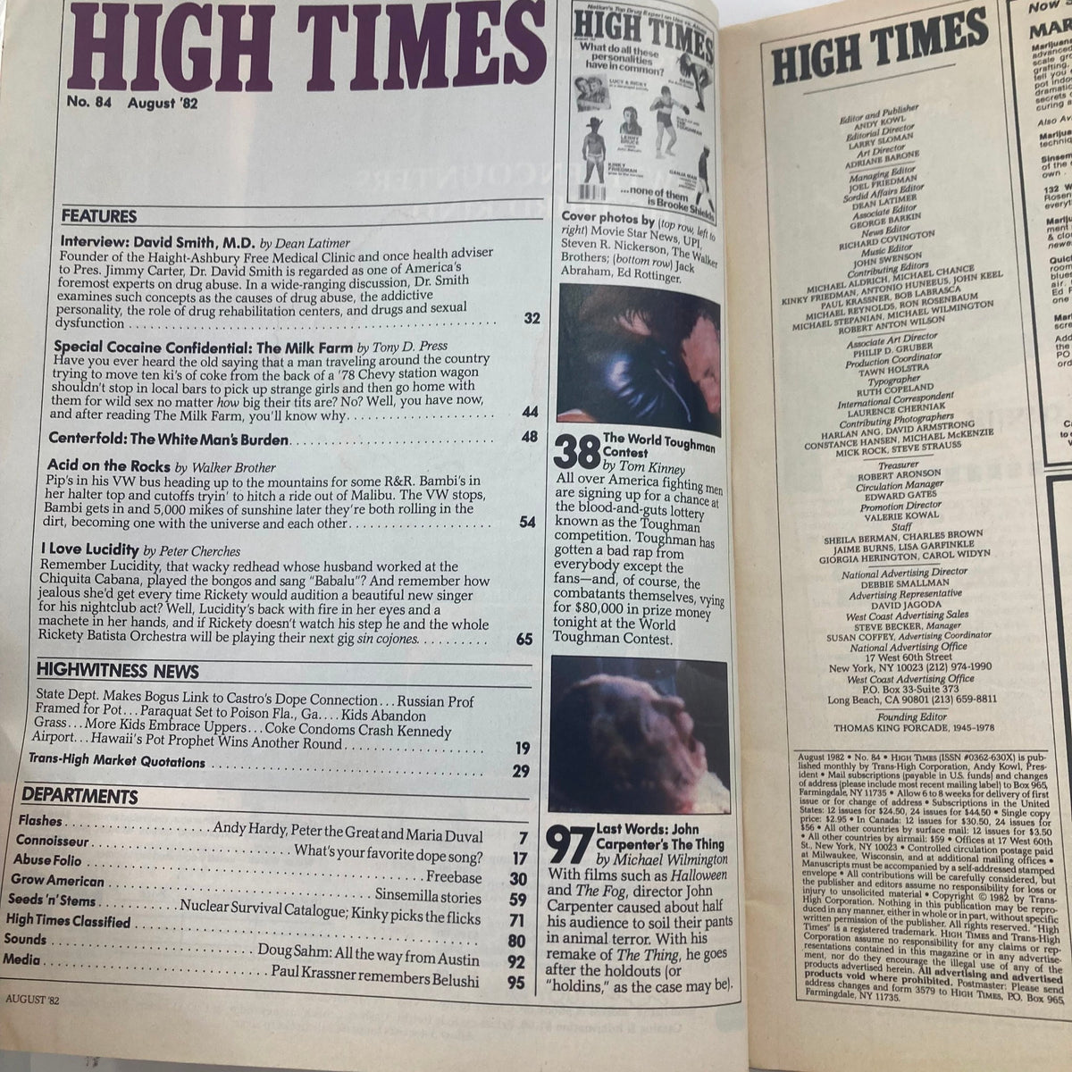 Inside pages of VTG High Times Magazine August 1982 #84 showcasing features and articles related to drug culture and notable interviews.