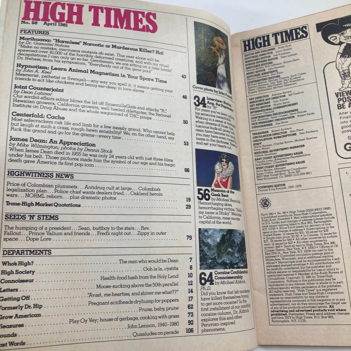 Interior page of VTG High Times Magazine April 1981 #68 showcasing the table of contents and featured articles, including 'Joint Counter Joint' and 'James Dean: An Appreciation'.
