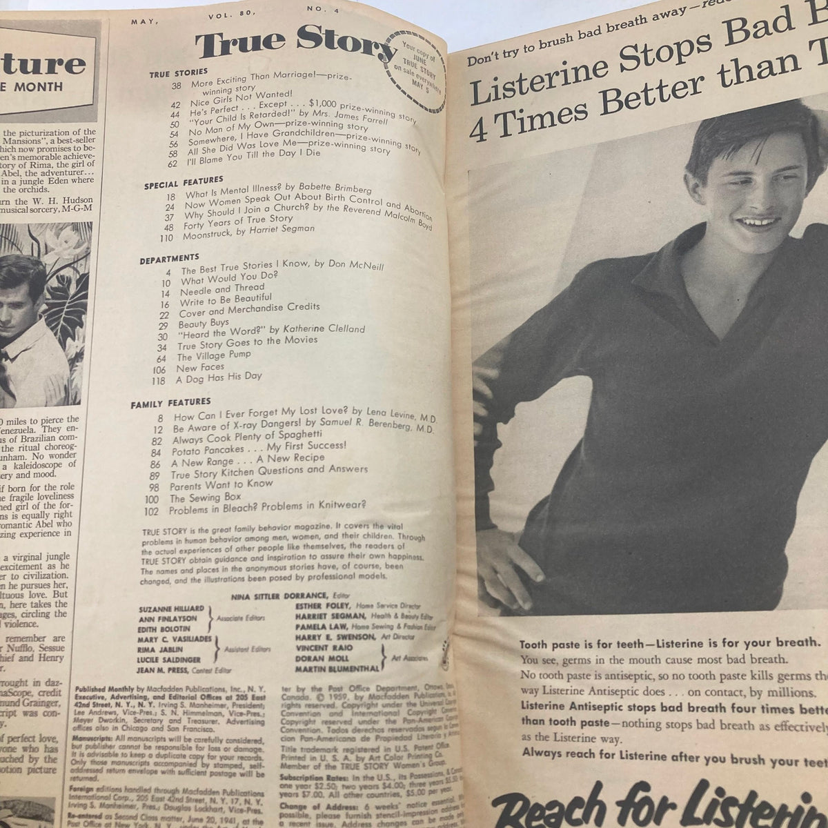 Interior page of May 1959 True Story Magazine displaying articles and features, including a list of stories and columns related to family and social issues.