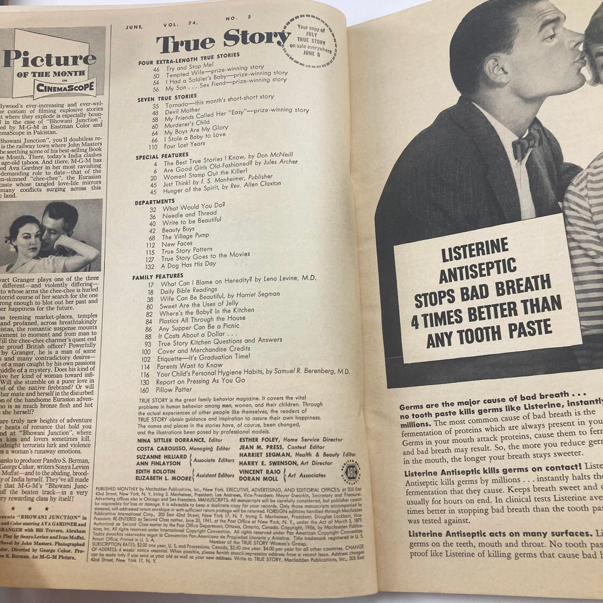 Inside pages of VTG True Story Magazine June 1956, Volume 74, No. 5 detailing article listings and advertisements, highlighting mid-20th century culture.