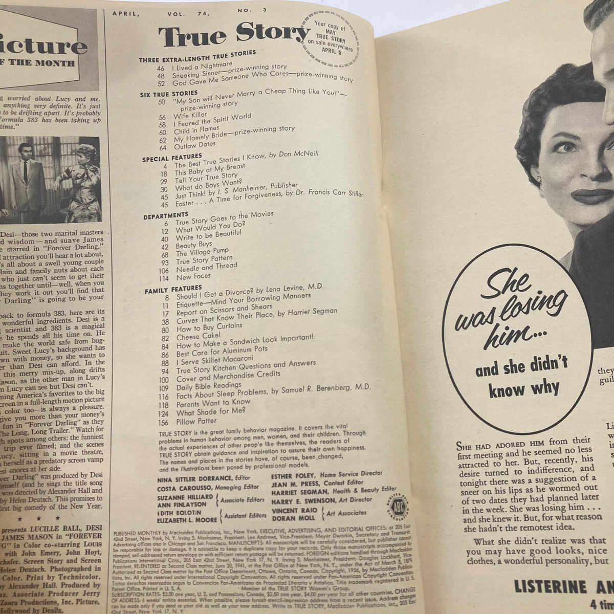Interior page of the VTG True Story Magazine April 1956, Volume 74, Number 3, showcasing the table of contents and featured stories.