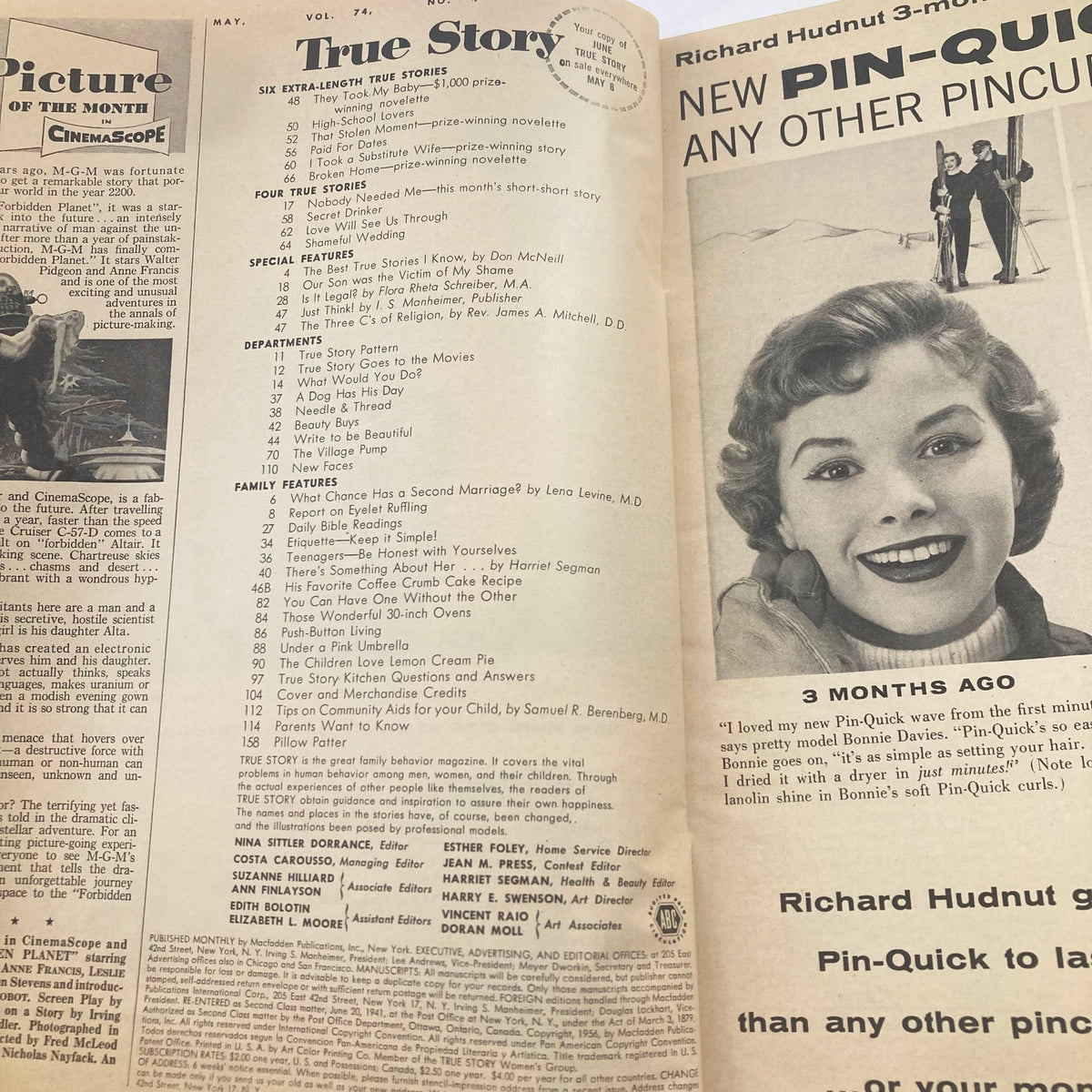 Inside page of VTG True Story Magazine May 1956 displaying the table of contents with featured articles including 'What Chance Has a Second Marriage?' and family-related topics.