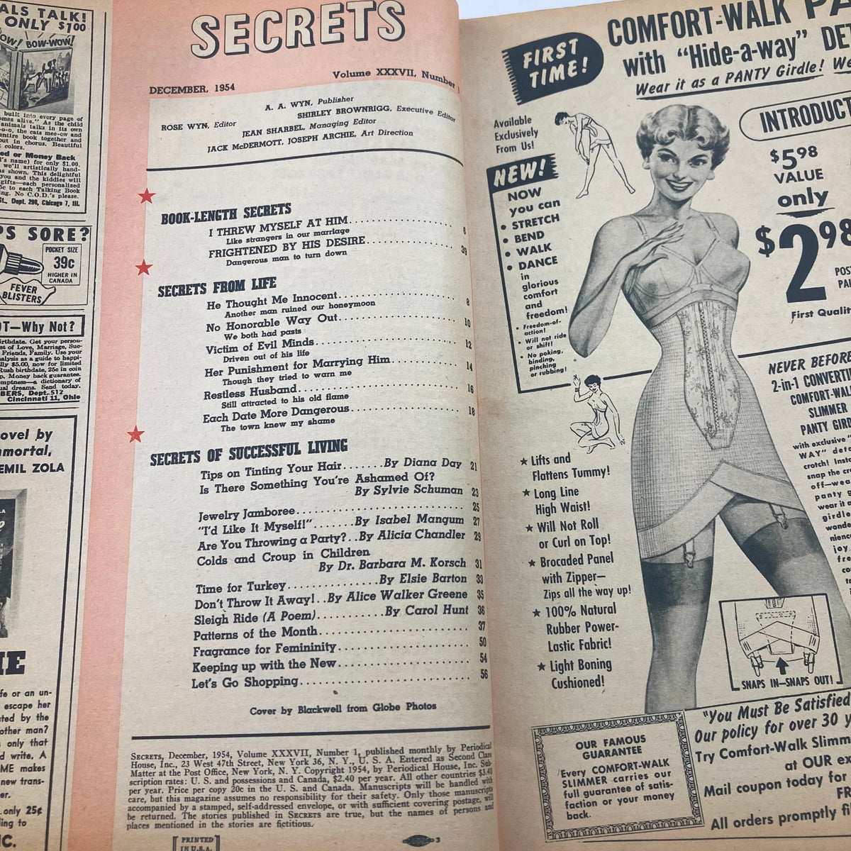 Inside page of VTG Secrets Magazine December 1954 showing the table of contents, including book-length secrets and features from life with titles like 'I Threw Myself at Him' and 'Frightened by His Desire.'