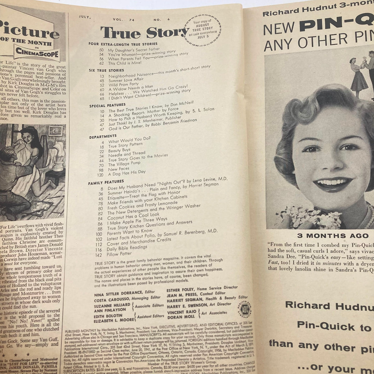 Interior page of True Story Magazine July 1956, Vol 74 No 6, displaying the table of contents and various articles featured in the issue.