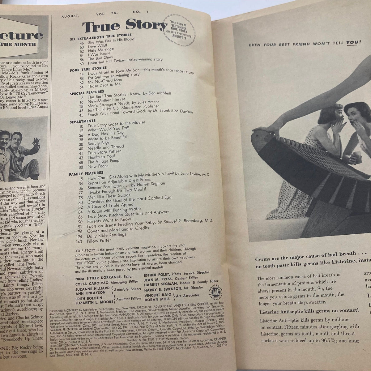 Interior page of VTG True Story Magazine August 1956, Volume 75, Number 1, showcasing the table of contents and feature stories of real-life experiences.