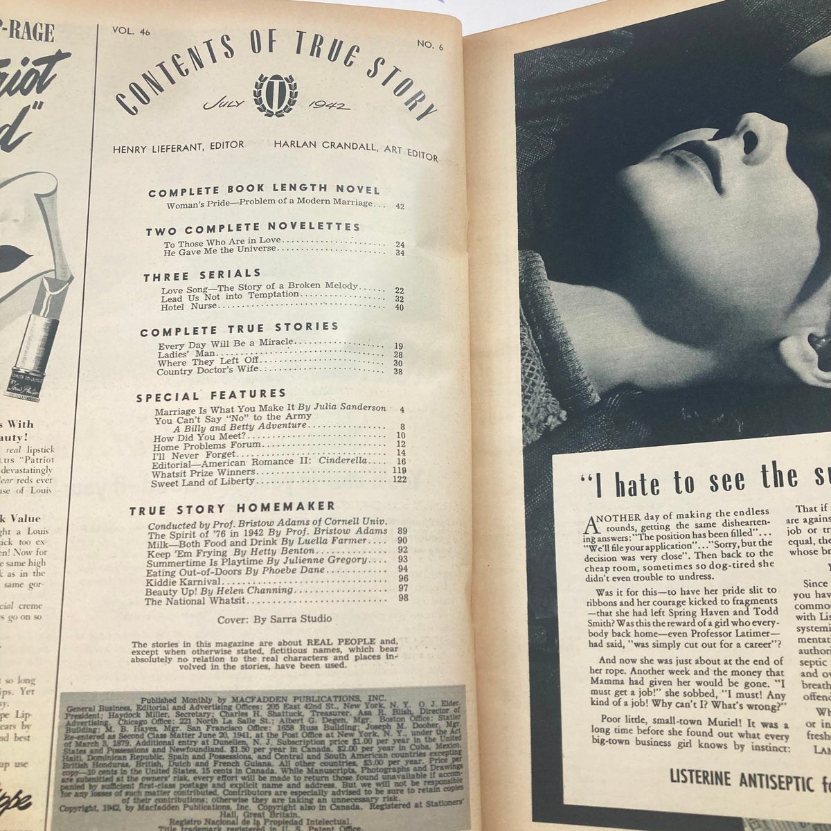 Table of contents page from VTG True Story Magazine July 1942, Volume 46, Number 6, listing articles including 'Woman's Pride' and 'True Story Homemaker.'