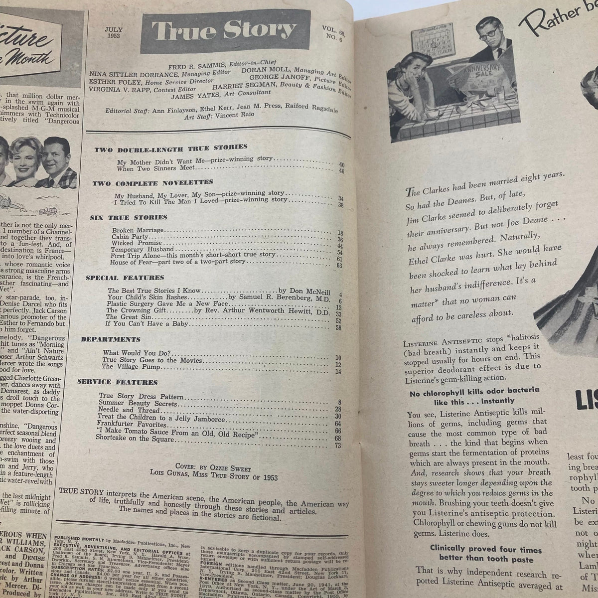 Interior page of VTG True Story Magazine July 1953 Volume 68 Number 6 showcasing the table of contents and various articles, including information about two complete novelettes and several true stories.