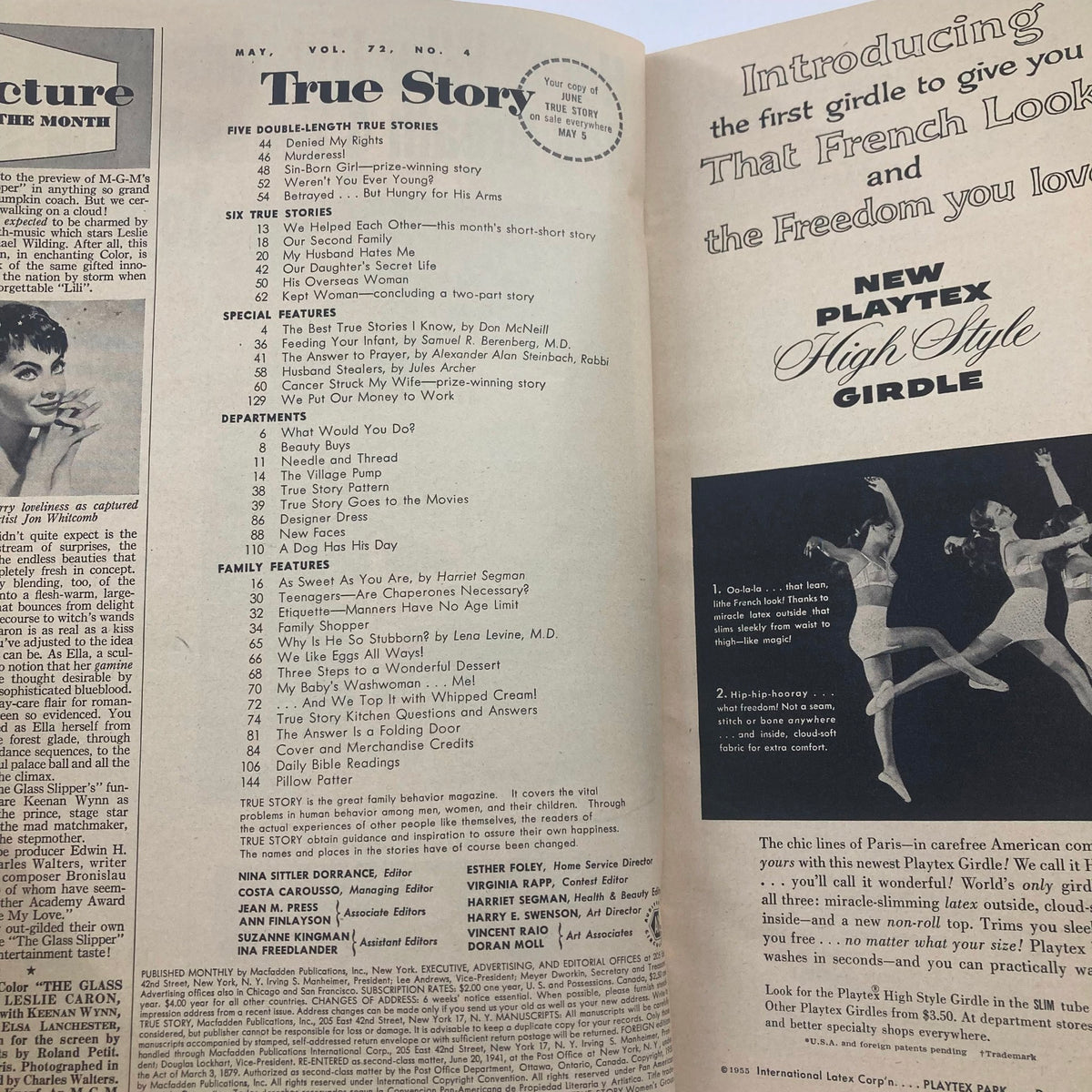 Interior page of VTG True Story Magazine May 1955 Vol 72 No. 4 displaying the contents list and sections of the magazine, including featured stories and family features.