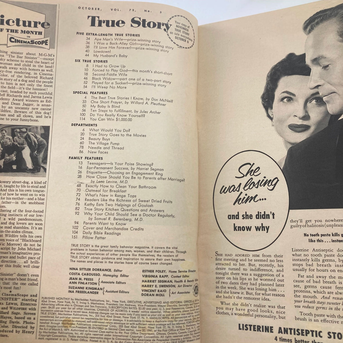 Interior page of VTG True Story Magazine October 1955, Vol 73 No. 3, displaying the table of contents and feature articles, including 'My Baby is Blind' and 'Back-Alley Girl'.