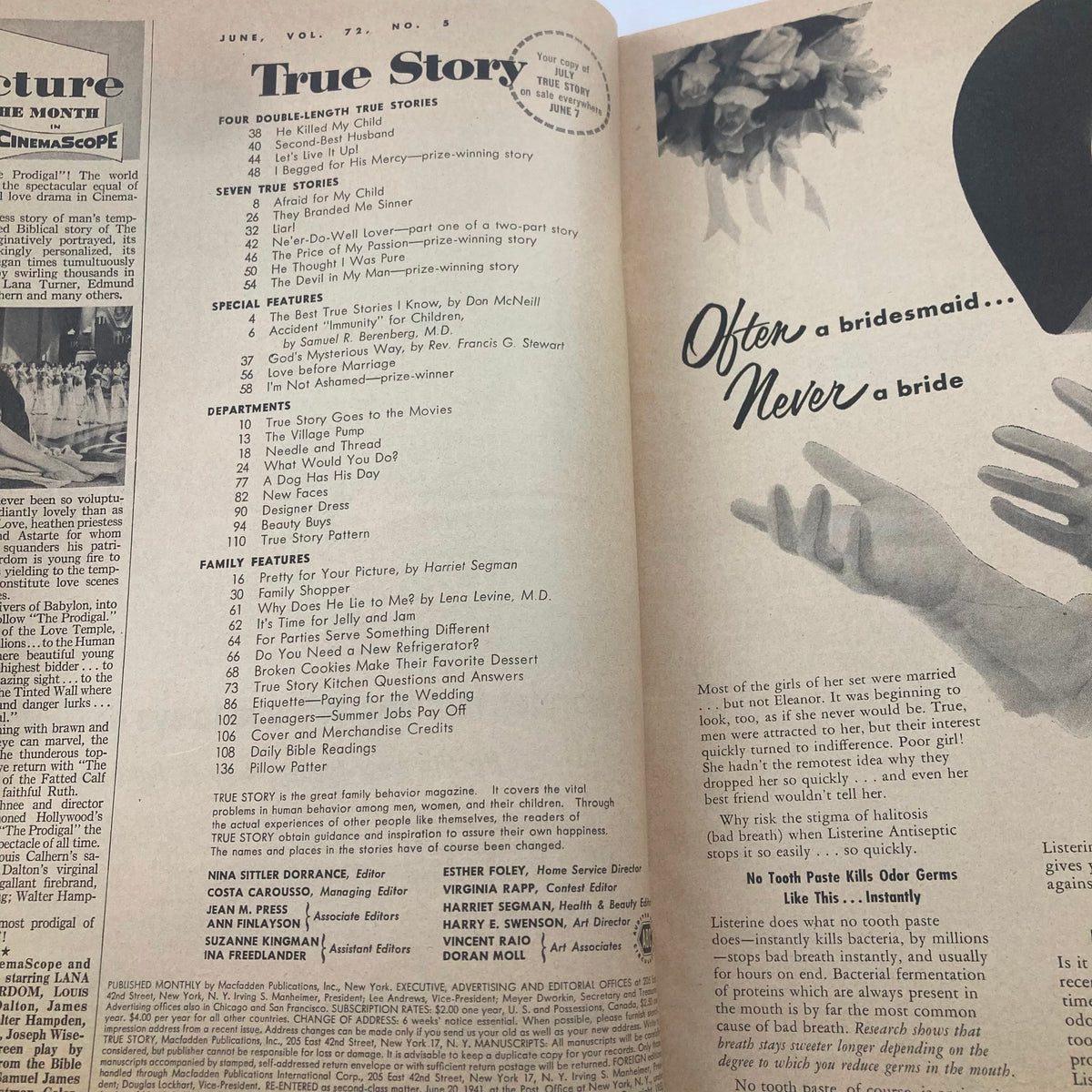 Interior page of VTG True Story Magazine June 1955 Vol 72 No. 5 displaying the table of contents and features of the issue.