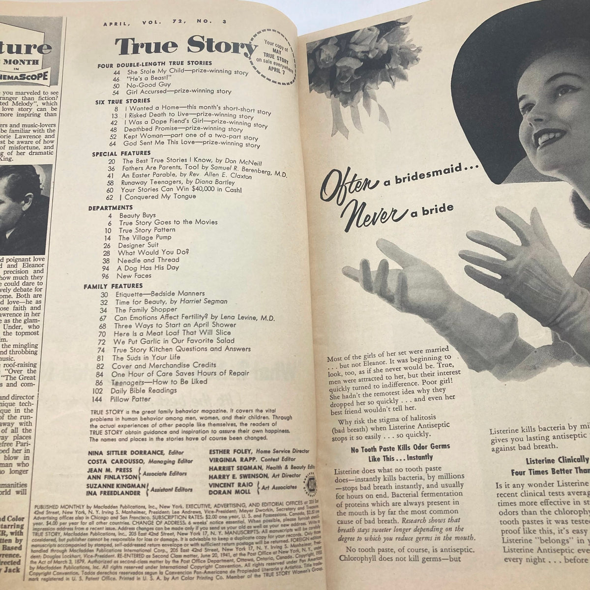 Inside page of the VTG True Story Magazine April 1955 Vol 72 No 3 displaying the table of contents and various article listings.