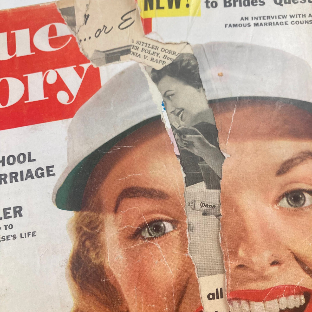 Close-up of the True Story Magazine cover, highlighting details and wear on the image of the smiling woman under the title 'High School Thrill Marriage'.