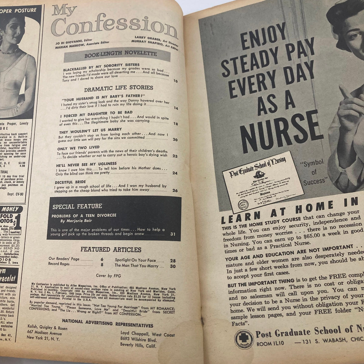 Inside page of VTG My Confession Magazine February 1960 displaying contents including articles like "They Wouldn't Let Us Marry" and an advertisement for a nursing school.