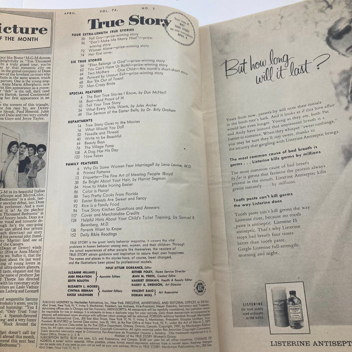 Inside pages of VTG True Story Magazine April 1957 Vol 76 No. 3 displaying the table of contents with article titles such as 'The Story Goes to the Movies' and 'What Would You Do?' reflecting the magazine's focus on personal stories from the 1950s.