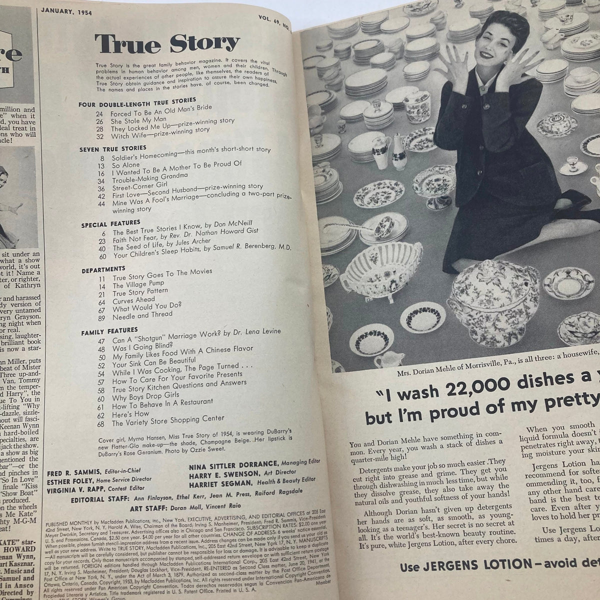 Inside page of VTG True Story Magazine January 1954 listing stories and features, showcasing vintage 1950s typography and design.