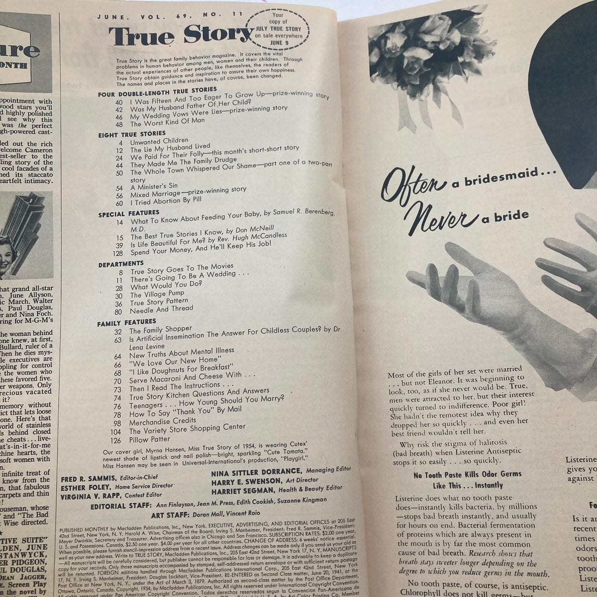 Interior page of VTG True Story Magazine June 1954 Volume 69 Number 11 listing articles and features, showcasing content from the 1950s.