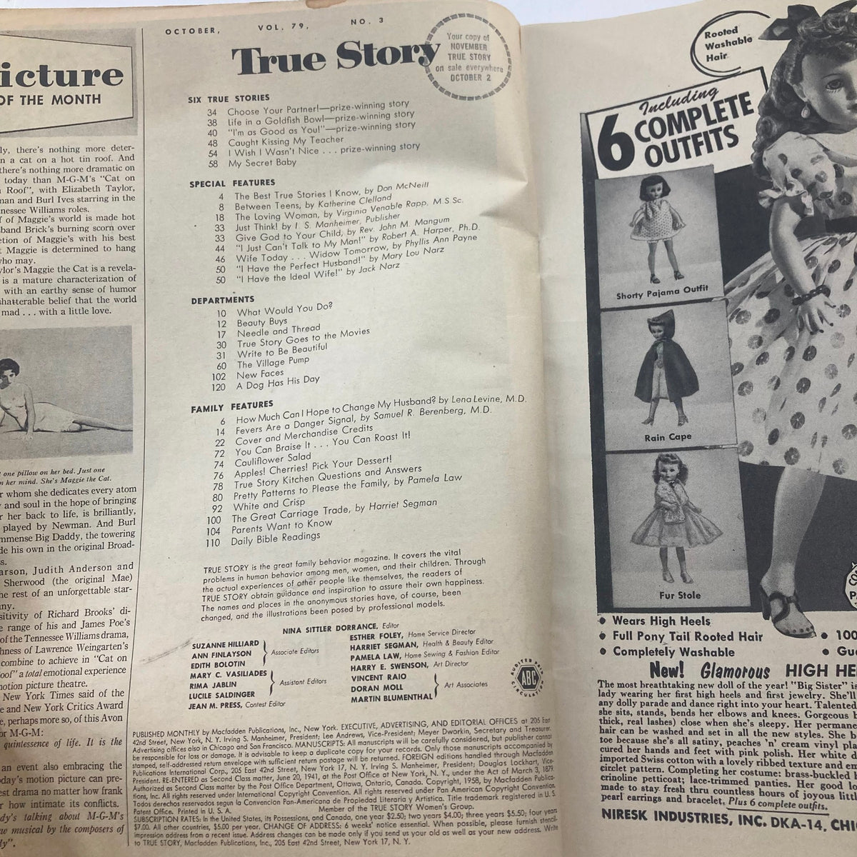 Interior page of VTG True Story Magazine October 1958 Vol 79 No. 3 displaying the table of contents and features including true stories and family topics.