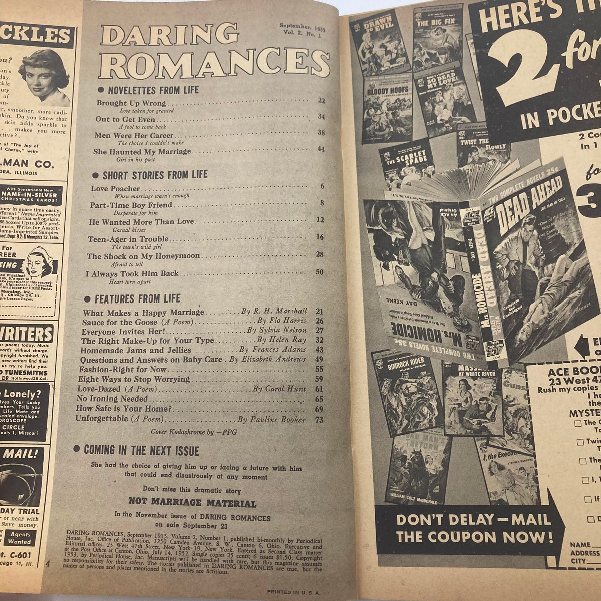 Interior page of VTG Daring Romances Magazine September 1953 displaying the table of contents, highlighting various stories and features of the magazine.
