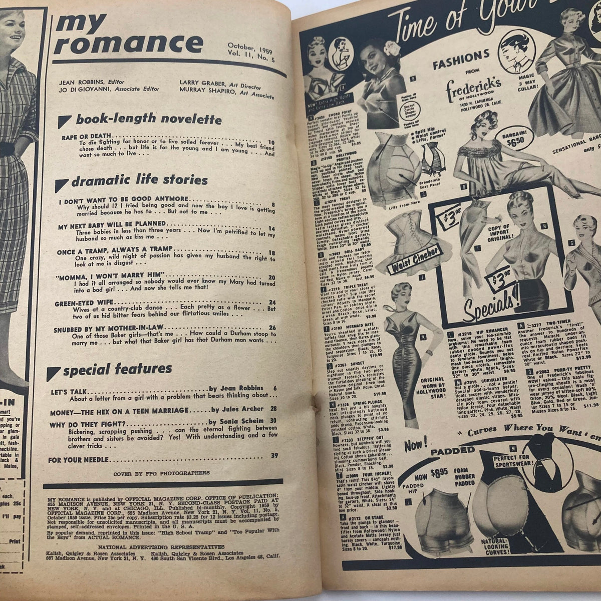 Interior page of VTG My Romance Magazine October 1959 Vol 11 #5 featuring a table of contents, fashion advertisements, and captivating story titles, offering a glimpse into mid-20th century culture.