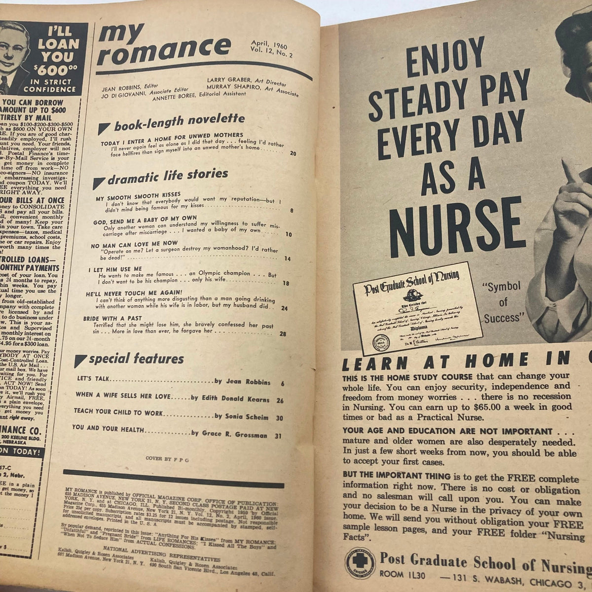 Interior page of VTG My Romance Magazine April 1960 Vol 12 #2 showcasing the table of contents with feature articles and stories like 'I Enter a Home for Unwed Mothers' and advertisements related to nursing careers.