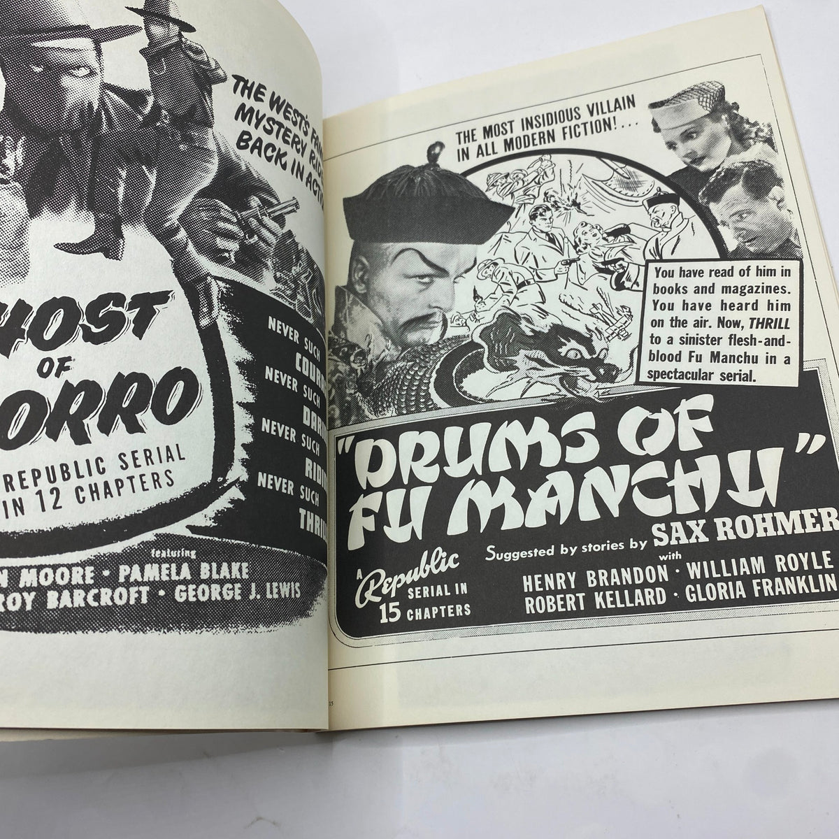VTG 1971 A Thousand Thrills: Collection of Original Serial Ads depicting Ghost of Zorro and Drums of Fu Manchu covers with classic adventure themes.