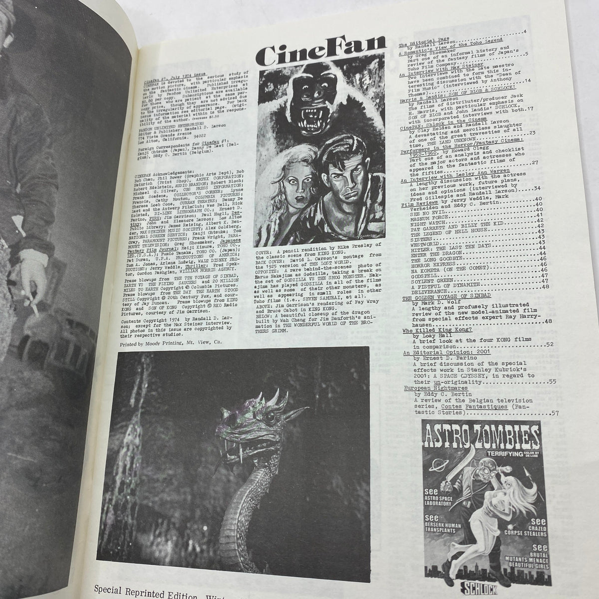 Inside page of VTG CineFan Magazine July 1974 featuring articles about King Kong and vintage film history.