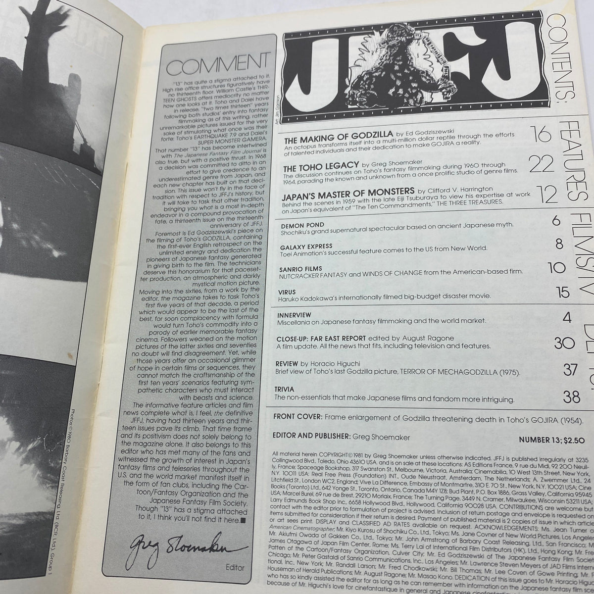 Interior page of the Vintage Japanese Fantasy Film Journal 1983 No. 13, highlighting the contents section and commentary on the Making of Godzilla, providing insights into Japanese cinema.