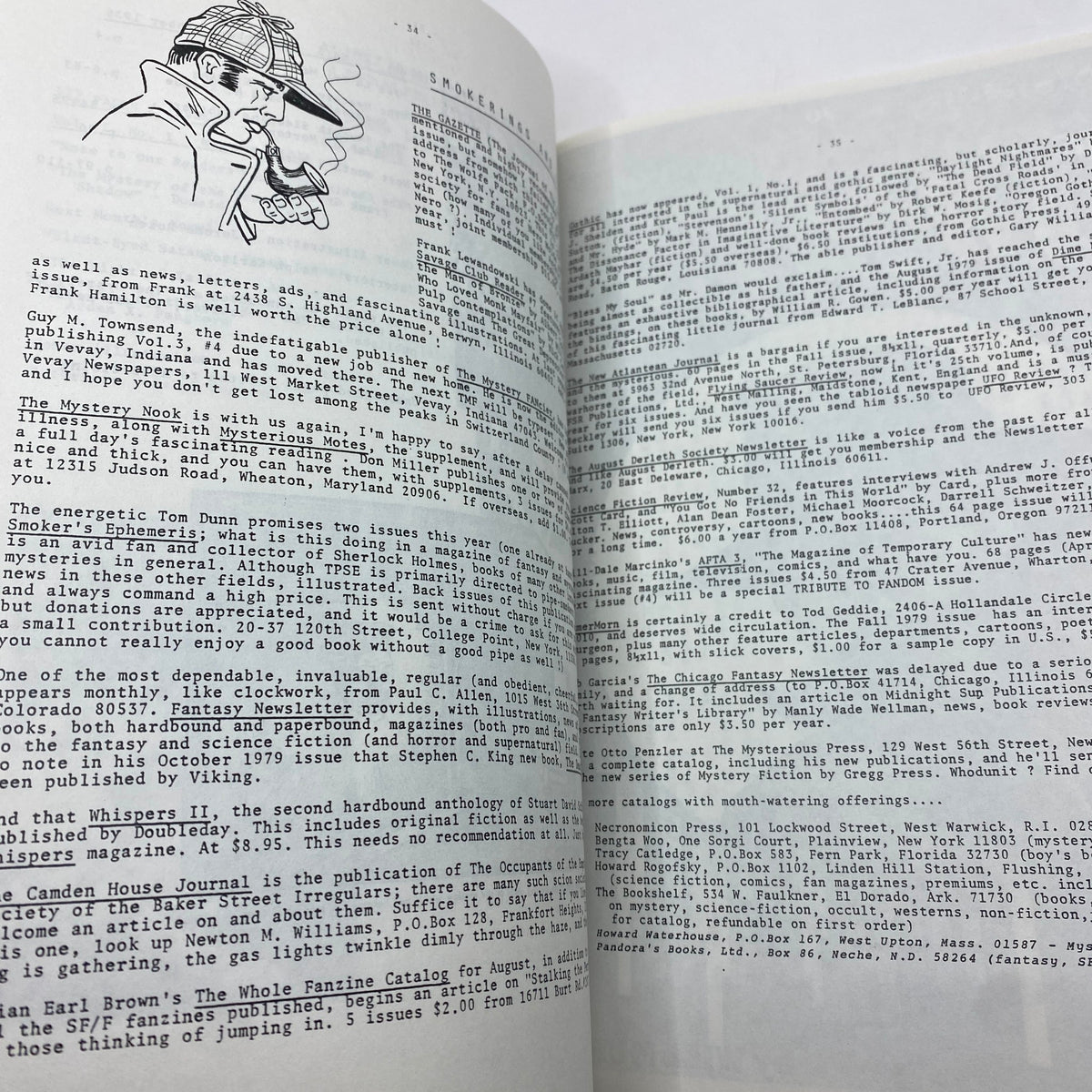 A detailed page from VTG The Unicorn Magazine, October 1979, Volume 1, Number 4, highlighting articles and features including a Sherlock Holmes illustration, characteristic of vintage magazine style and content.