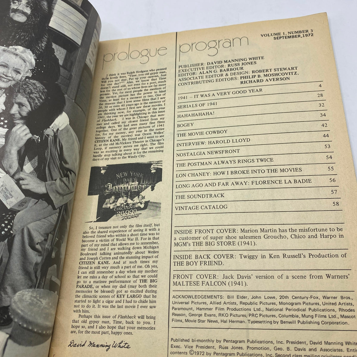 Inside page of VTG Flashback Magazine September 1972 displaying the contents and introductory text, including features on movies and interviews.