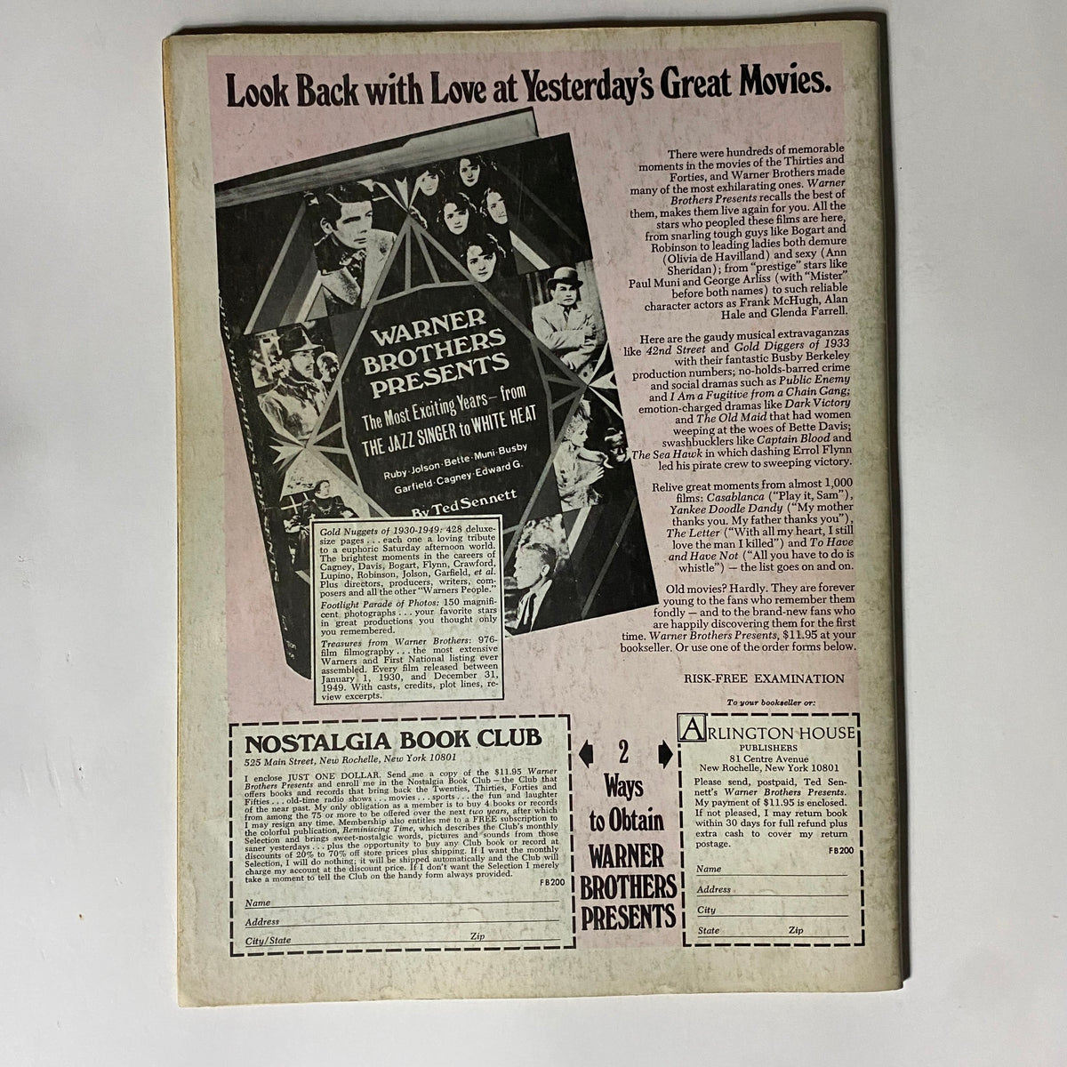Back cover of VTG Flashback Magazine September 1972, featuring advertisements and a nostalgic look at classic Warner Brothers films.