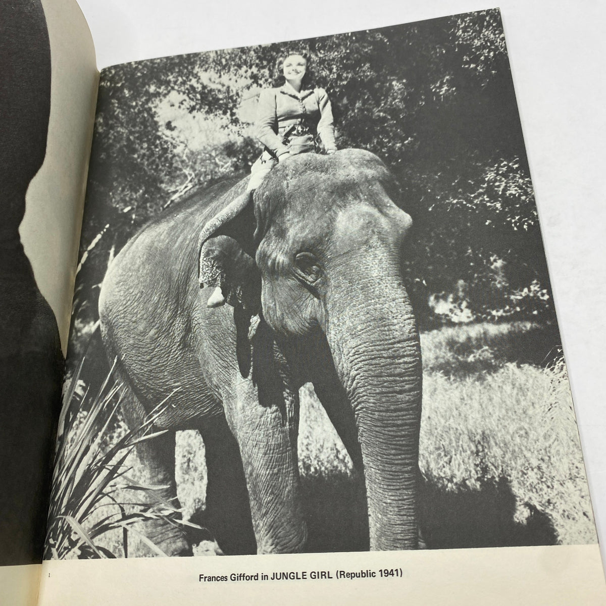 Interior page of VTG 1971 Serial Favorites showing Frances Gifford riding an elephant in the classic film Jungle Girl (Republic 1941), emphasizing vintage cinema nostalgia.