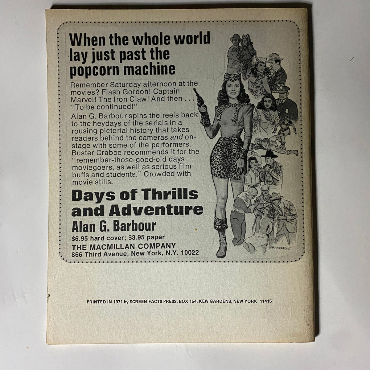 VTG 1971 Serial Favorites Screen Facts advertisement for 'Days of Thrills and Adventure' by Alan G. Barbour, showcasing vintage movie themes and characters.