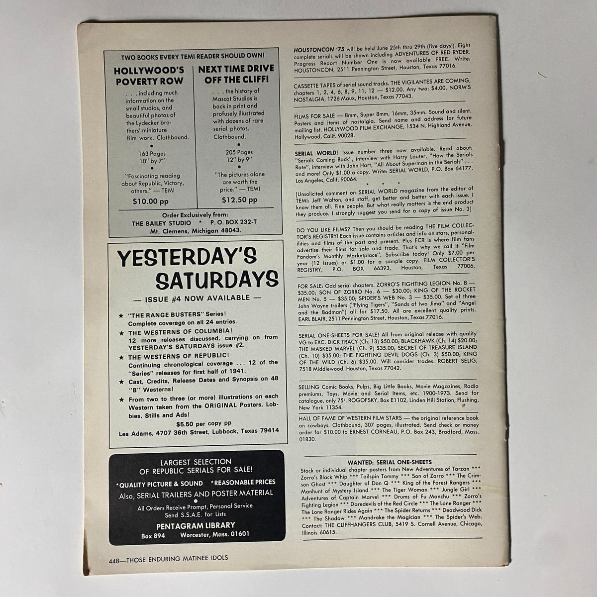 Back cover of VTG Those Enduring Matinee Idols 1974 featuring advertisements for vintage films and magazines, showcasing listings and contact information for collectors.