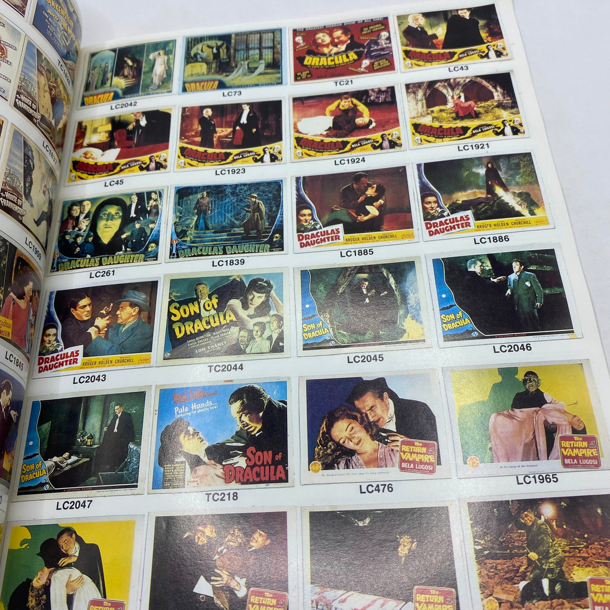 Page from Color Collectors Guide Winter 1990 displaying various vintage lobby cards, including 'Son of Dracula' and iconic horror themes related to 'Son of Frankenstein'.