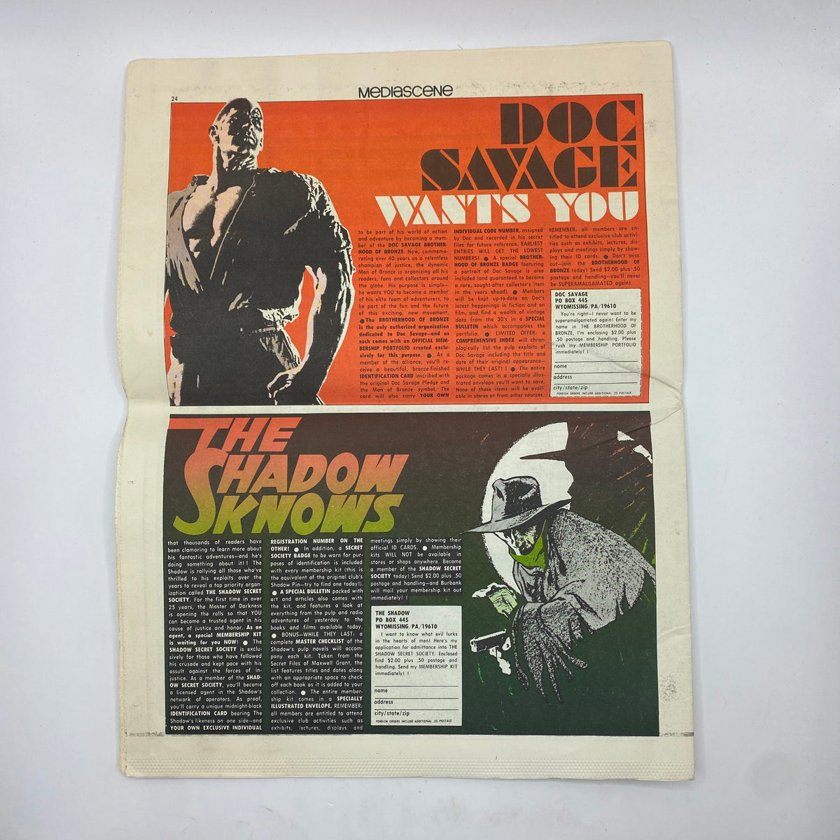 Inside spread of VTG Mediascene Magazine September 1975, highlighting articles about Doc Savage and The Shadow, featuring vintage comic artwork.