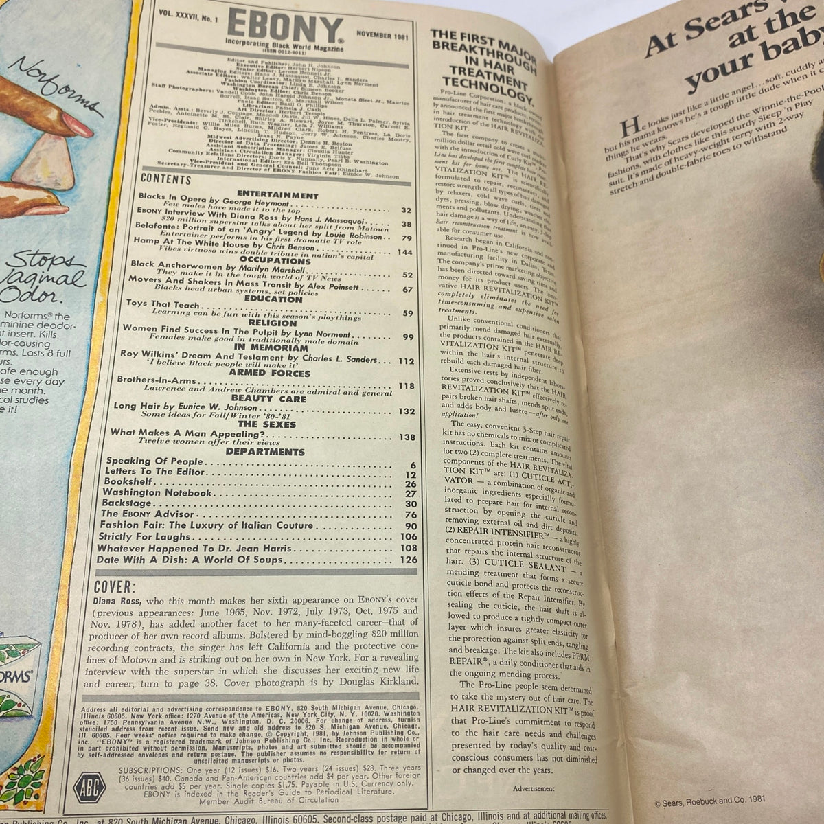 Contents page of Ebony Magazine November 1981 Vol 37 No. 1, featuring articles and highlights about prominent figures like Diana Ross, showcasing significant cultural insights.