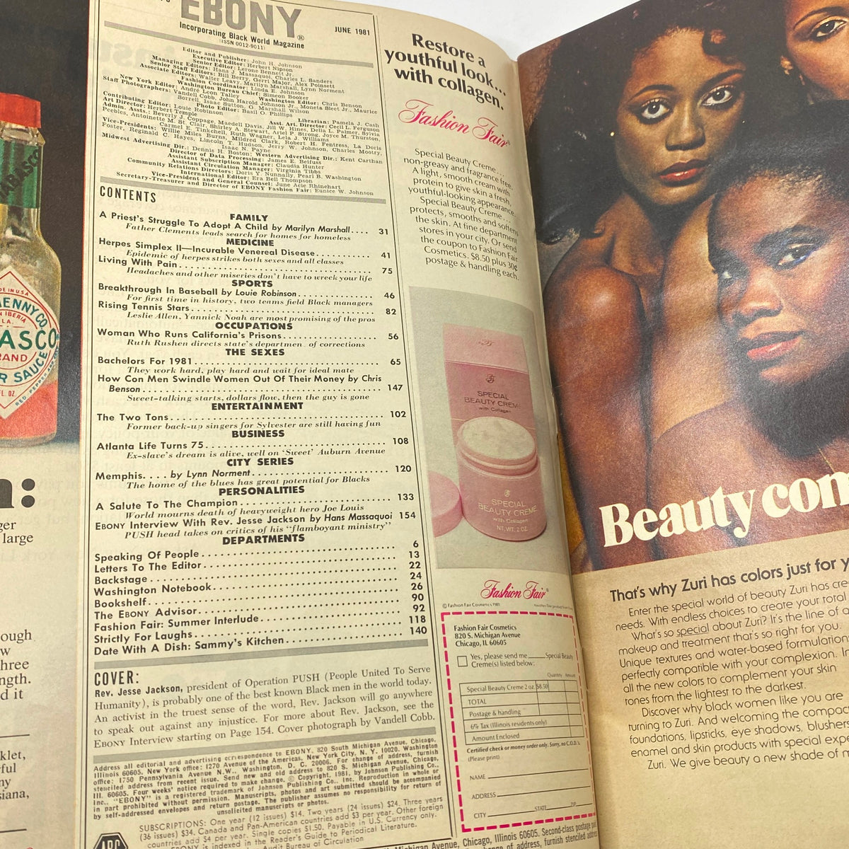 Inside page of VTG Ebony Magazine June 1981 displaying contents and articles, including features on beauty and fashion, highlighting cultural and social topics in the African American community.