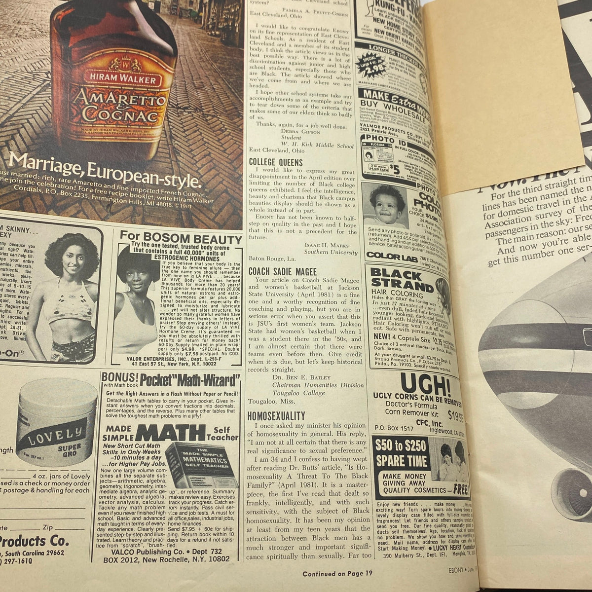 Page from Ebony Magazine June 1981 featuring an advertisement for Amaretto Cognac and articles discussing societal themes, including marriage and college queens.