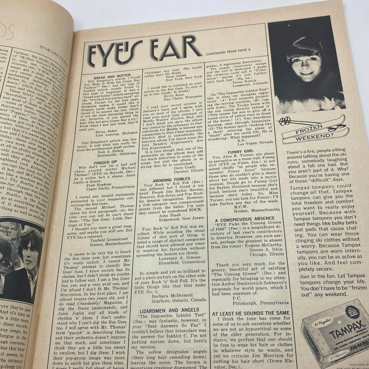 Eye's Ear column in VTG Eye Magazine March 1969 discussing cultural insights and personal anecdotes of the 1960s.