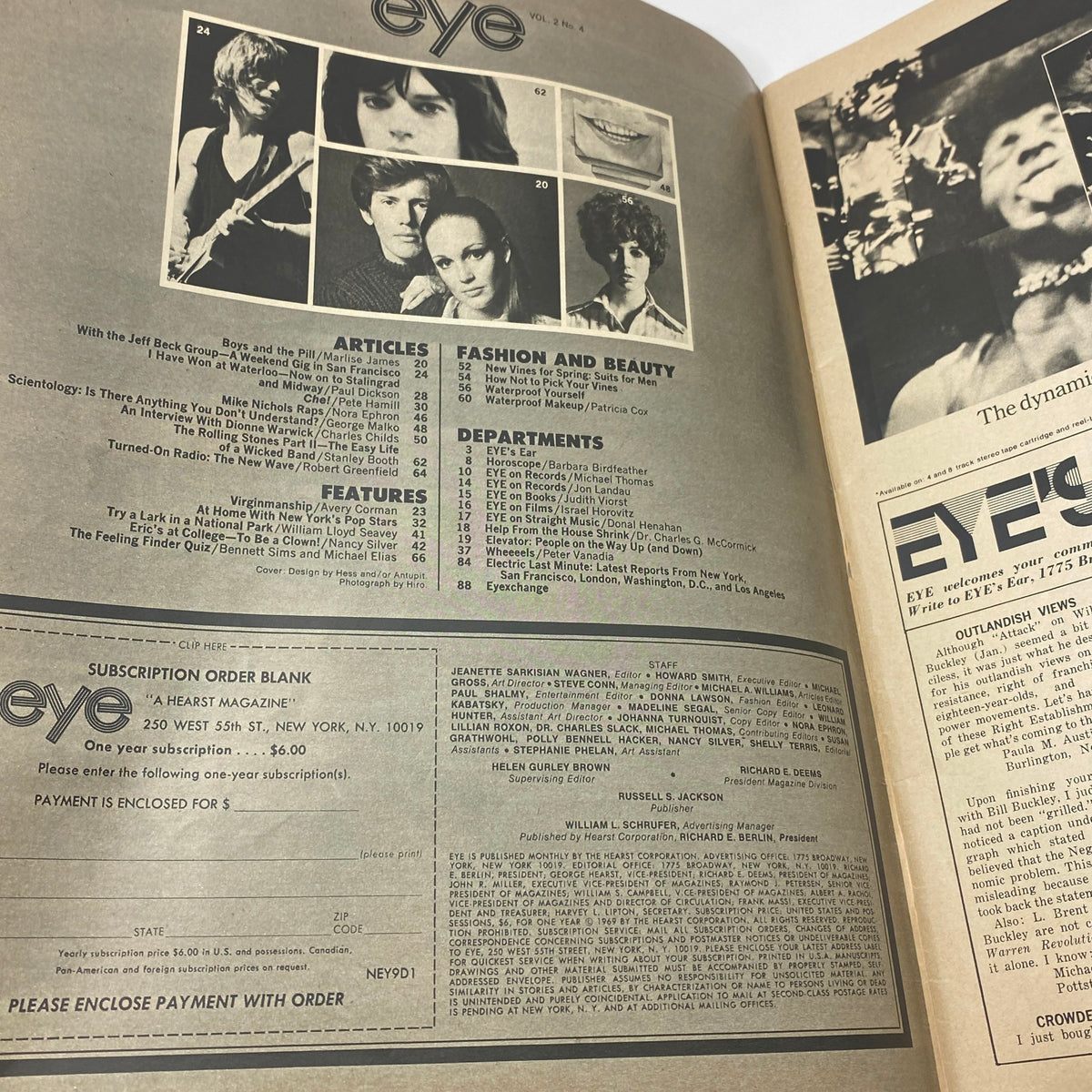 Interior page of VTG Eye Magazine April 1969 Vol 2 No. 4 displaying article listings and features, including music groups like Jeff Beck Group and fashion sections.