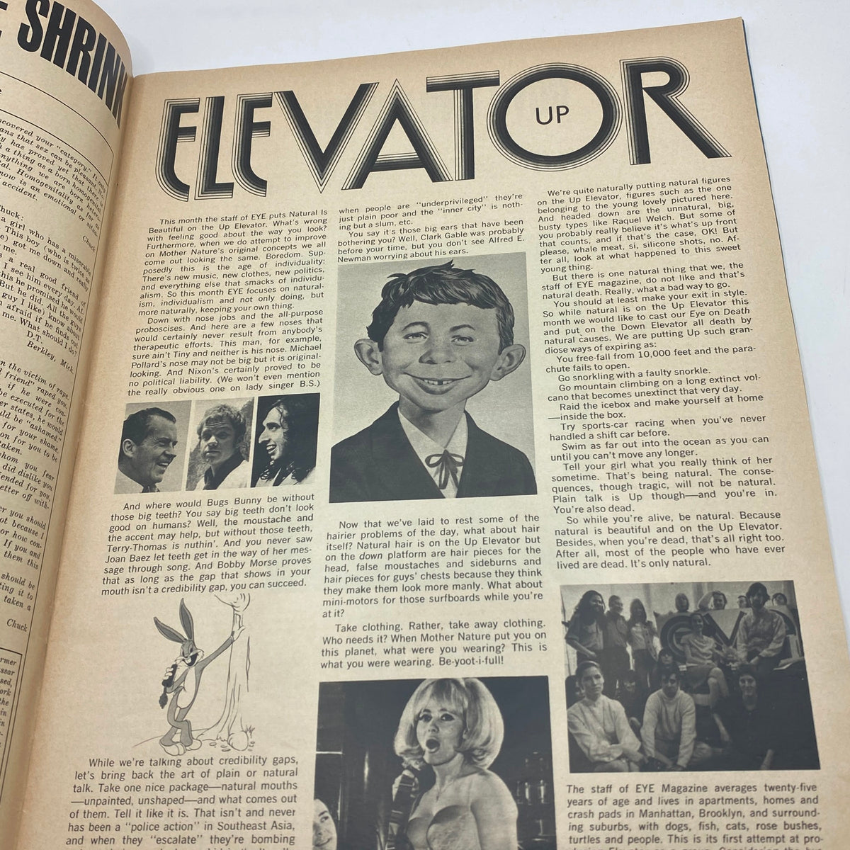 Article titled 'ELEVATOR UP' from VTG Eye Magazine April 1969, discussing social dynamics and commentary on youth culture.