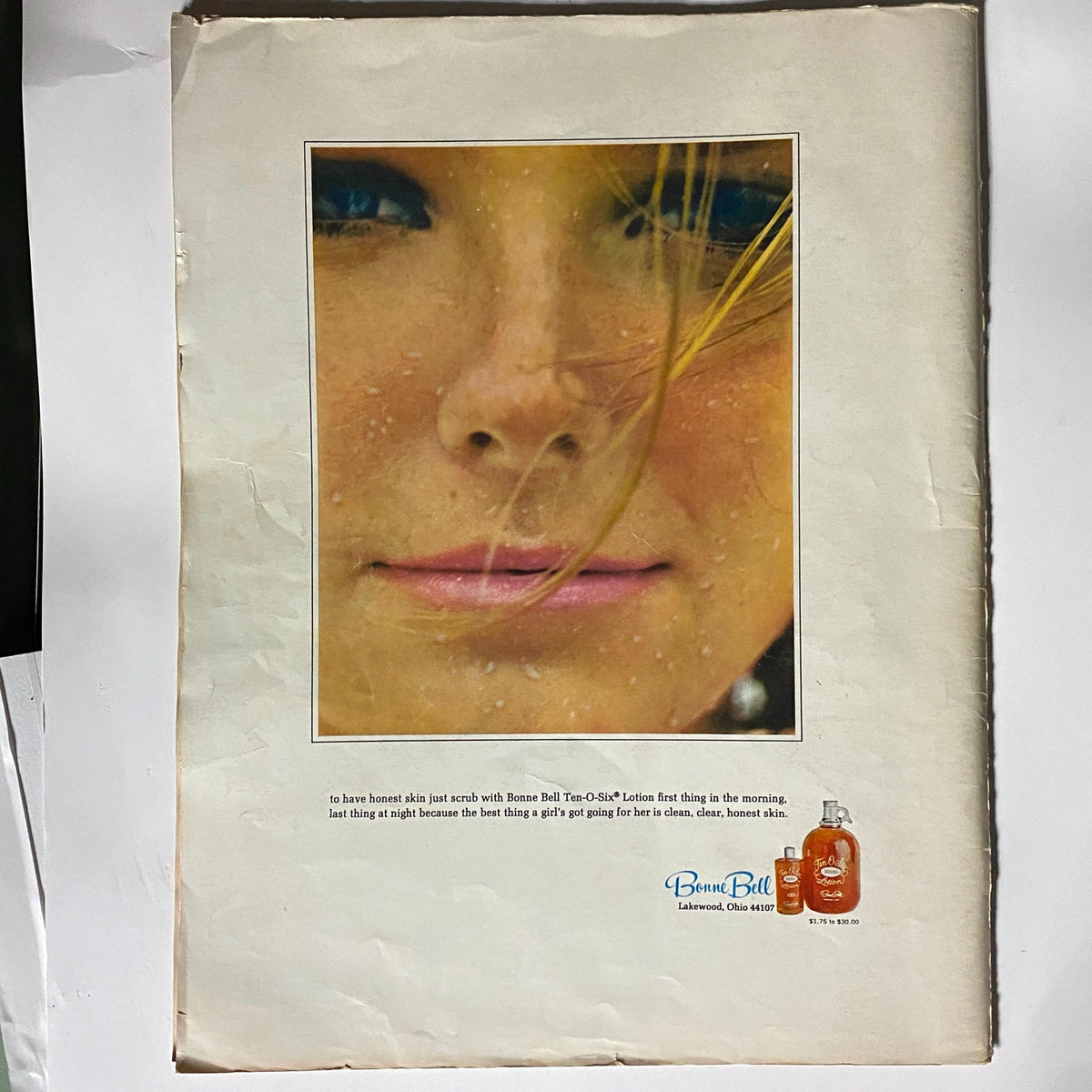 VTG Eye Magazine October 1968 featuring an advertisement with a close-up image of a woman's face promoting Bonne Bell Ten-O-Six Lotion, illustrating vintage beauty culture.