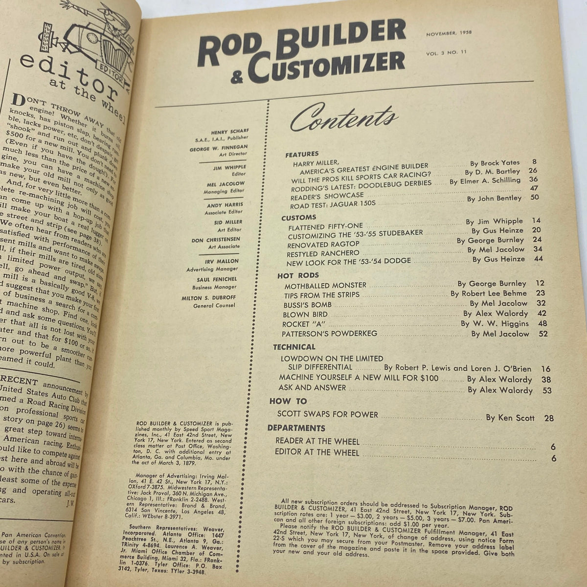Contents page of VTG Rod Builder & Customizer Magazine November 1958, detailing featured articles including Mothballed Monster and various rod building tips.