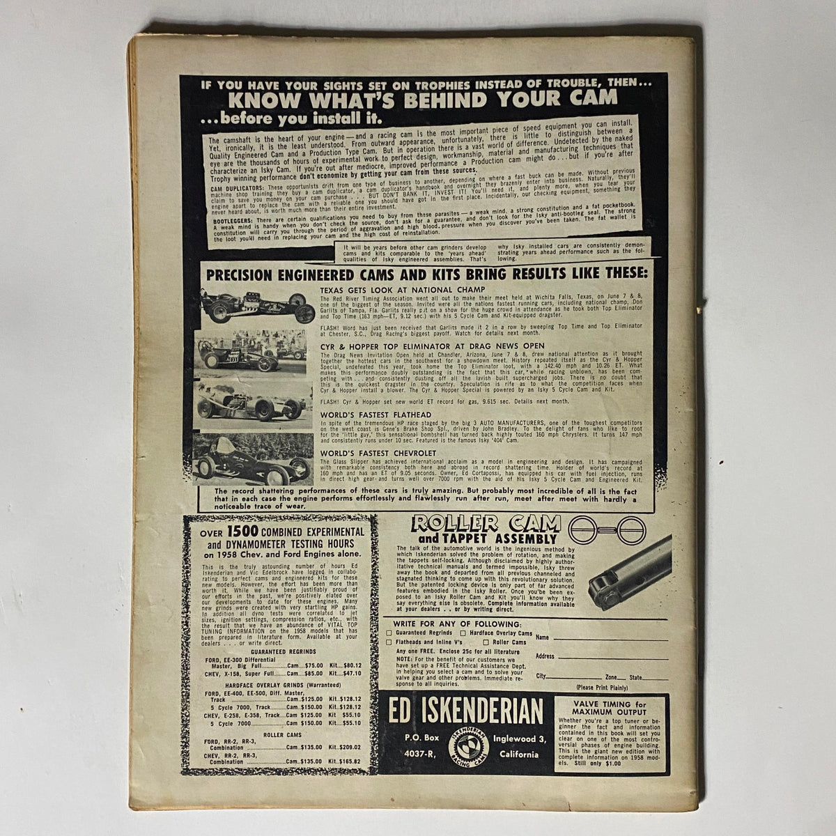 Back cover of VTG Rod Builder & Customizer Magazine November 1958, displaying advertisements for performance parts and racing cams related to hot rod customization.