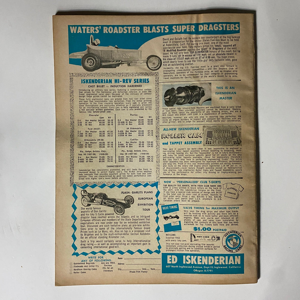 Advertisement page from Rod Builder & Customizer Magazine July 1959 showcasing Iskenderian Hi-Rev Series and additional products for automotive enthusiasts.
